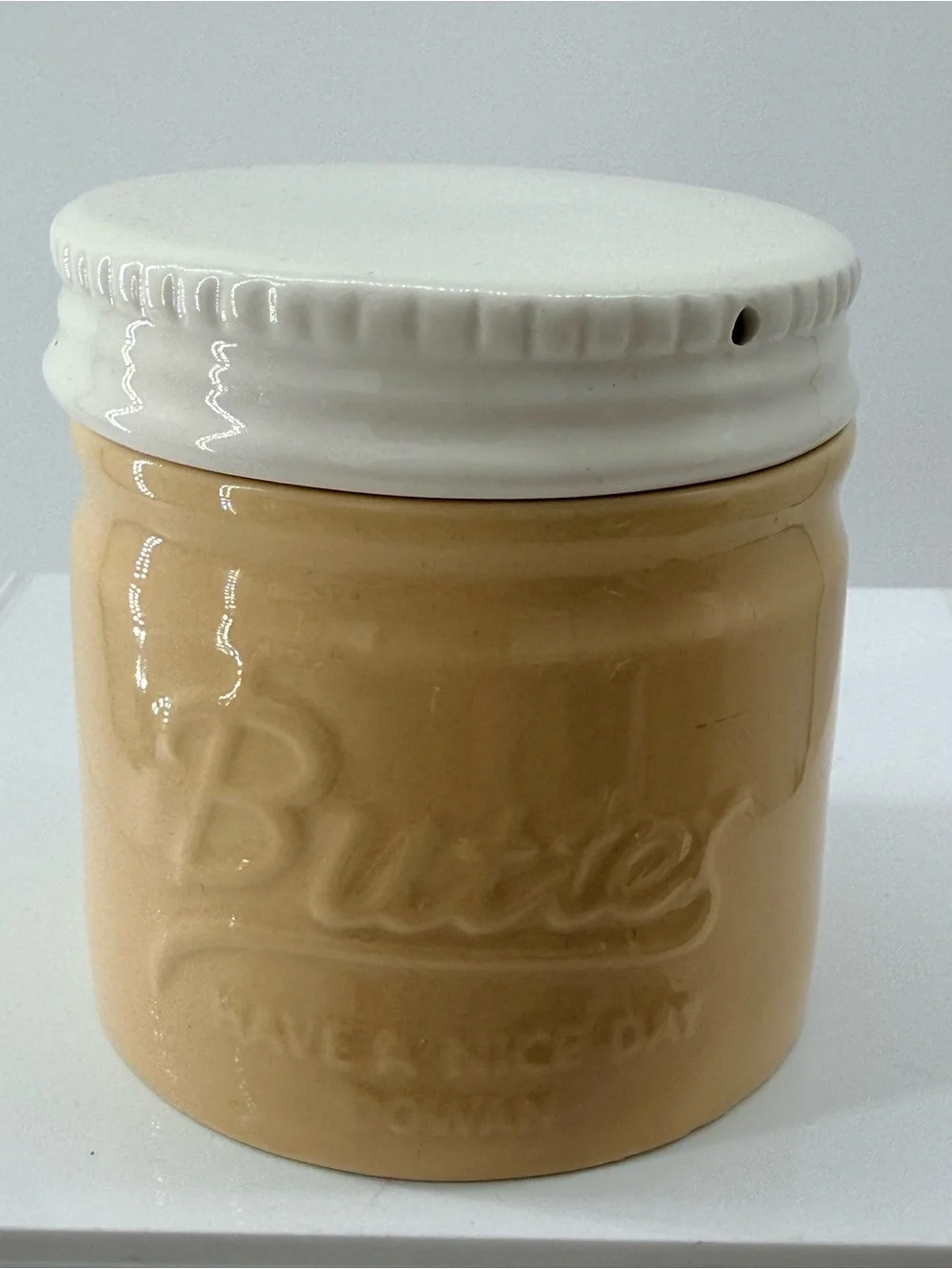 Neutral Cream Ceramic Storage Jar with White Lid - Unbranded